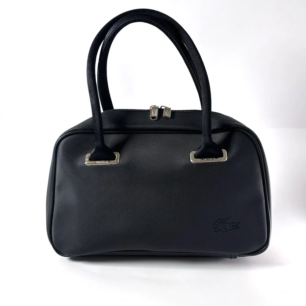 Lacoste Black Satchel Tote – French Minimalist Structured Bag, Preppy